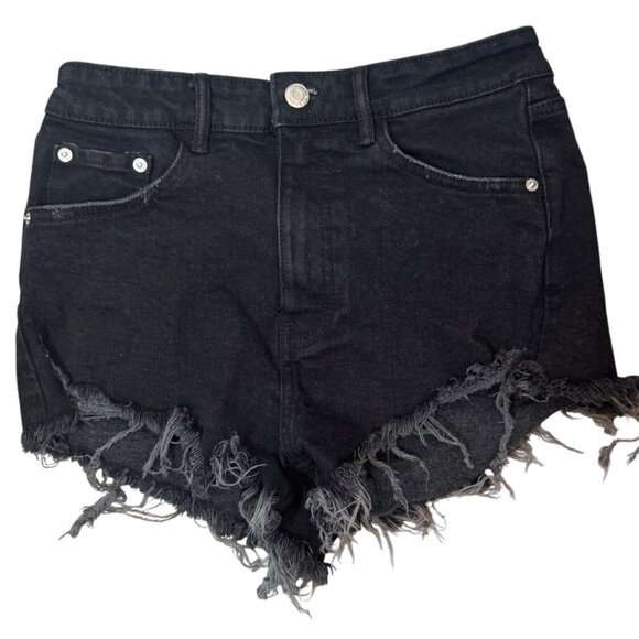 ZARA Size 4 Black Distressed High-Waisted Denim Shorts Frayed Hem - Picture 1 of 10